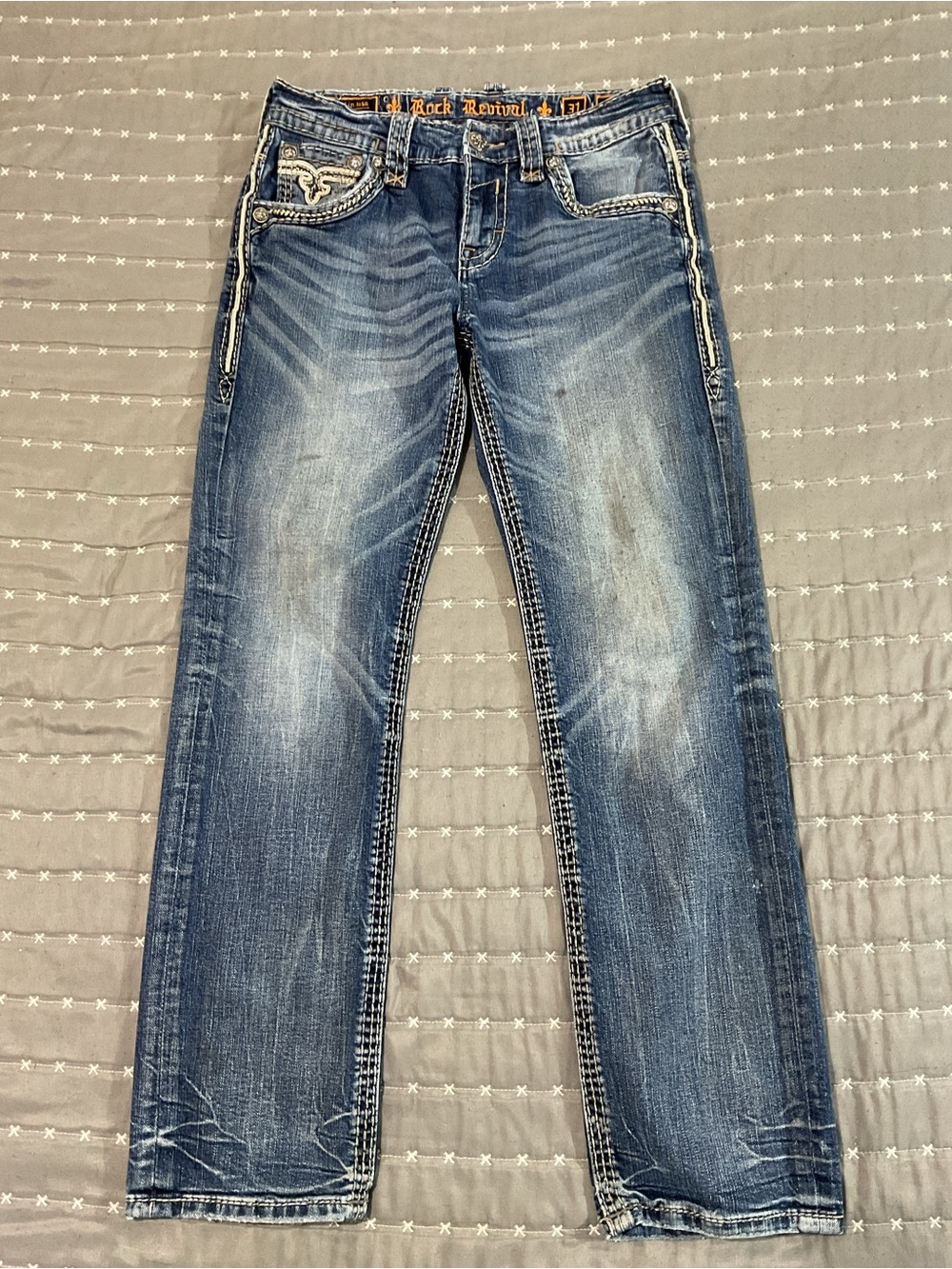 Rock Revival Zayit Faded Blue Straight Leg Jeans with Contrast Stitching